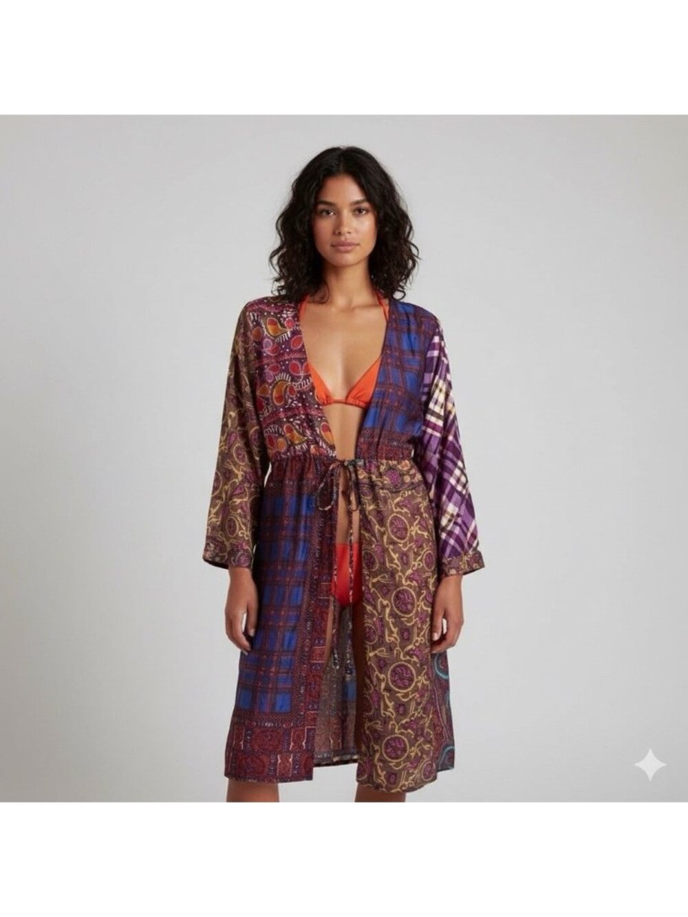 Vintage Patchwork Recycled Silk Long Sleeve Robe / Swimsuit Cover-up - S/M